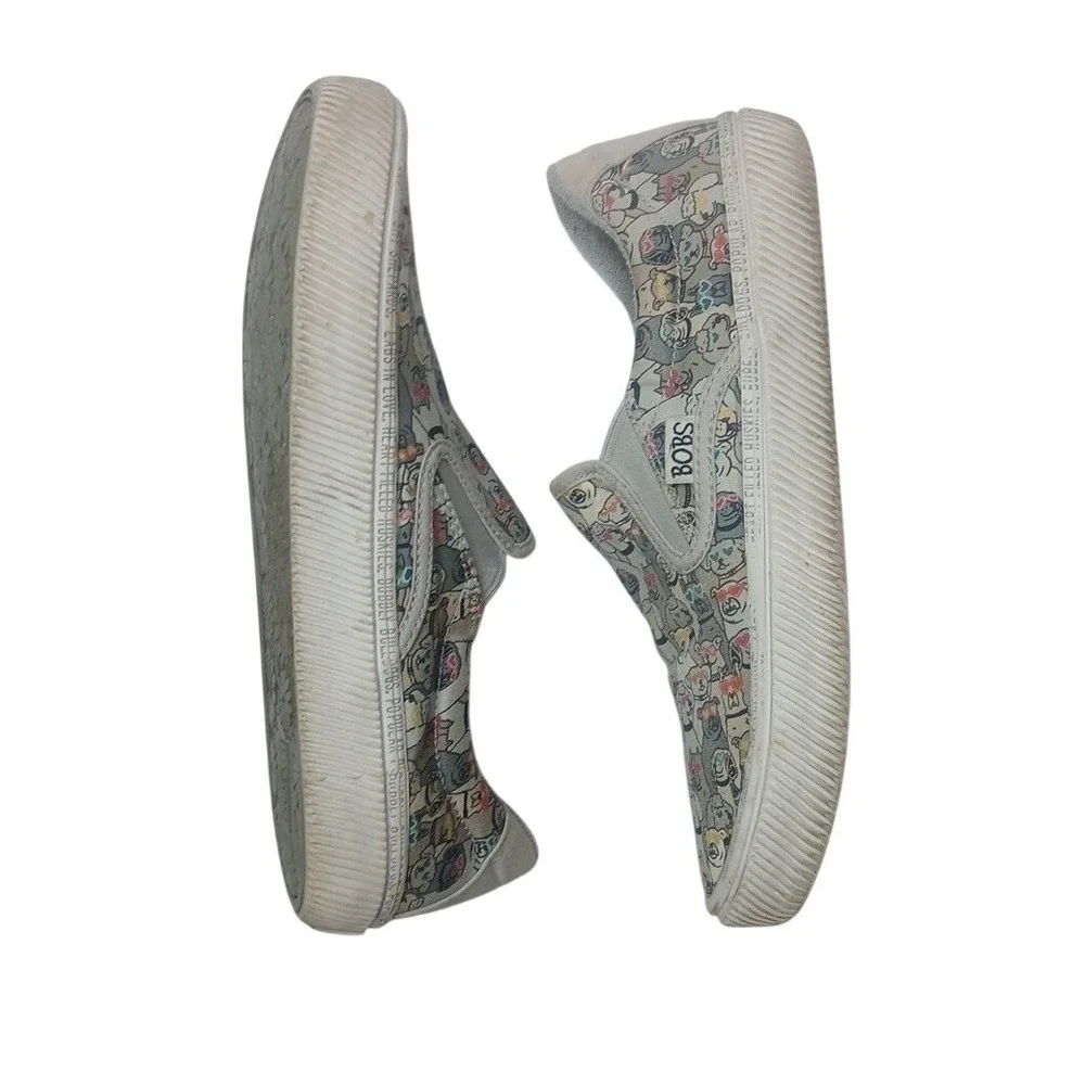Skechers BOBS Slip On Sneakers Womens 8 Gray Dog Print Memory Foam 113205‎